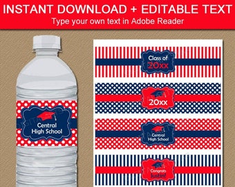 Red and Navy Blue Graduation Party Decorations 2024 Graduation Water Bottle Labels Printable, Editable Graduation Water Bottle Template G4