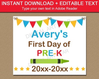 First Day of PreK Sign Instant Download Printable - First Day of School Sign EDITABLE - 1st Day of Pre-K Sign Template - Print Yourself S2