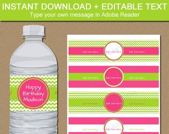 Pink and Lime Water Bottle Labels - Printable Birthday Party Decorations - Bridal Shower Decorations - Baby Shower Decor - Instant Download