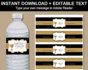First Communion Water Bottle Label Template, Party Decorations, Printable 1st Communion Favors, Party Ideas, INSTANT DOWNLOAD Black Gold