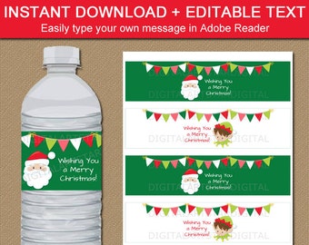 PRINTABLE Christmas Water Bottle Labels - Editable Santa Water Bottle Labels - Elf Party Decor - Downloadable Christmas Label Template C2
