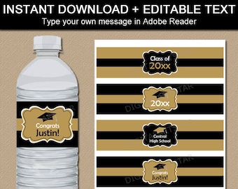 Black and Gold Graduation Water Bottle Labels, Graduation Party Decorations, High School Graduation Ideas, College Graduation Party Decor G1