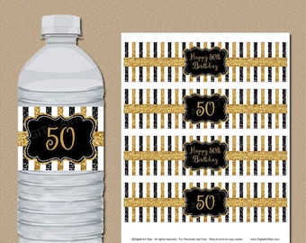 Happy 50th Birthday Water Bottle Labels, 50th Birthday Party Decorations, Golden Birthday Printable, Black Gold Water Bottle Stickers B4