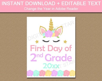 Unicorn First Day of 2nd Grade Sign, Unicorn First Day of Second Grade Sign Printable, Editable Back to School Sign, Photo Prop Idea U4