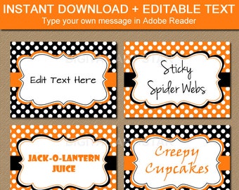 EDITABLE Halloween Buffet Card, Printable Labels, Halloween Birthday Labels, Food Labels, INSTANT Download Orange Black Polka Dot Labels BB7