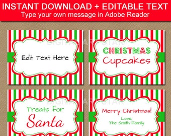 Printable Christmas Food Labels, Tent Cards, Christmas Place Cards, Candy Buffet Tags - Editable Christmas Template Red Green Stripes - CSV