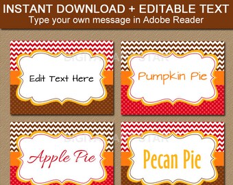 Thanksgiving Place Cards - Printable Thanksgiving Label Download - EDITABLE Thanksgiving Buffet Cards DIY Food Labels Red Brown Chevron T1