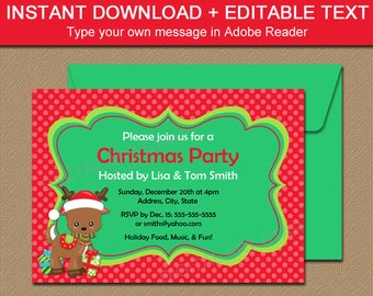 Downloadable Christmas Party Invitations with Reindeer - EDITABLE Holiday Invitation Template - Holiday Party Invites - INSTANT DOWNLOAD