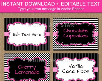 Pink and Black Food Labels - Instant Download Buffet Labels - Tent Cards, Food Tents, Printable Buffet Cards - Girl Birthday Party Ideas