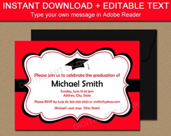 Graduation Invitation Template Download, High School Graduation Party Invitation 2024, Red Black Graduation Invites Instant Download G1