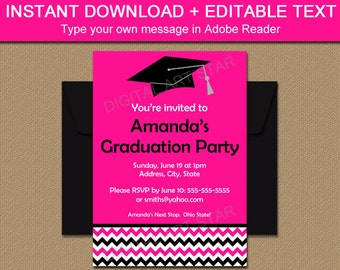 Girl Graduation Invitation Template - EDITABLE Graduation Party Invites - Printable Grad Party Decor - Chevron Graduation Announcement G3