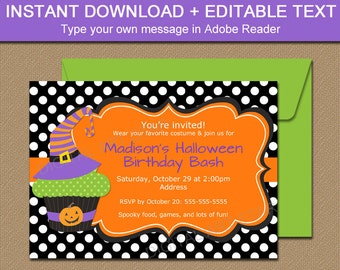 Halloween Birthday Invitation, Witch Hat Invitation, Witch's Hat Invite, Halloween Cupcake Invitation, DIY Kids Halloween Party Invites HC