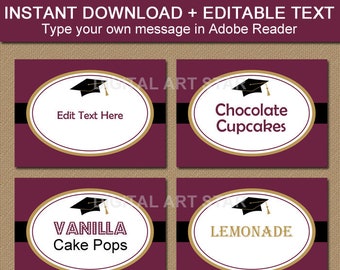 Graduation Candy Buffet Labels, Food Labels, Food Tent Cards Instant Download, Editable Place Cards Printable Maroon Graduation Template G1