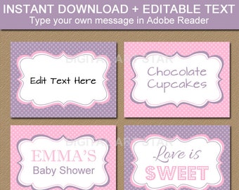 Pink Lavender Printable Buffet Cards, Tent Cards, Buffet Labels - Bridal Shower Labels, Baby Shower Food Labels - Instant Download PDF