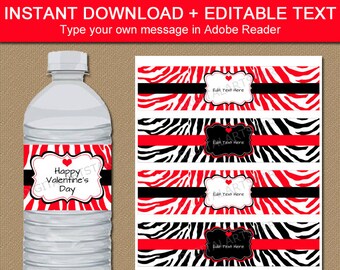 Printable Valentines Day Water Bottle Labels - EDITABLE Valentine Water  Bottle Wraps - Red & Black Zebra Drink Labels - Instant Download