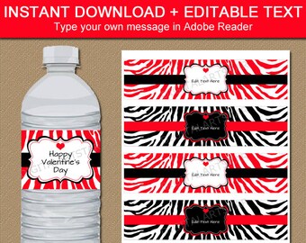 Printable Valentines Day Water Bottle Labels - EDITABLE Valentine Water Bottle Wraps - Red & Black Zebra Drink Labels - Instant Download