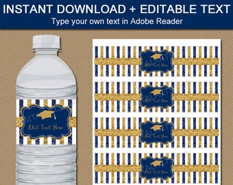 Graduation Water Bottle Labels 2024, Navy Blue and Gold Graduation Party Decorations, Printable Water Bottle Sticker Template Download G9