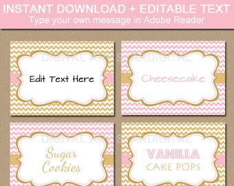 Printable Pink and Gold Candy Buffet Labels - Baby Shower Tent Cards - EDITABLE Pink and Gold Chevron Food Labels Candy Station Labels LPGC