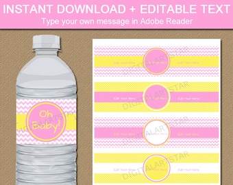 Pink and Yellow Baby Shower Water Bottle Label Template - Printable Baby  Girl Shower Decorations Girl Birthday Decorations Instant Download
