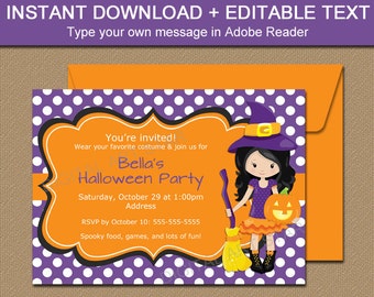Girl Halloween Invitation Template, Printable Halloween Party Invites, Editable Halloween Bash Invitation, Halloween Witch Invitation WDS
