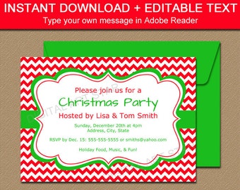 Red Chevron Invitation Template - EDITABLE Chevron Christmas Invitation Instant Download - Printable Holiday Invites Digital Xmas Invites C4