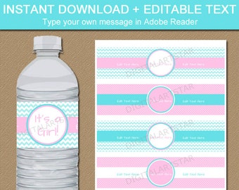 Pink and Aqua Baby Shower Water Bottle Label Template - Printable Girl Baby Shower Water Labels - Editable Girl Birthday Party Decorations