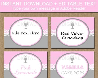 Girl First Communion Labels - Printable First Communion Decorations - Candy Buffet Labels EDITABLE Food Tents - Pink Gray Buffet Cards
