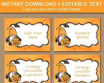 Gnome Halloween Labels, Halloween Food Tent Cards, Halloween Food Labels, Halloween Editable Stickers, Halloween Place Cards Printable