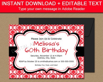 Red and Black Invitation Template, EDITABLE Red Birthday Invitation, Printable Birthday Invite Instant Download - Damask Invitation Template