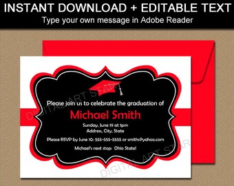 Graduation Invitation Instant Download - Black Red Graduation Invitation Printable - Editable High School Graduation Invitation Download G1