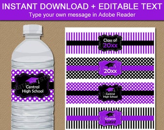 High School Graduation Water Bottle Labels, Graduation Party Decorations 2024 Graduation Bottle Label Template Purple Black White G4