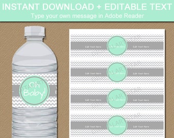 Mint & Grey Baby Shower Decorations, Printable Water Bottle Labels, Mint Green and Grey Chevron Party Supplies, Baby Shower Party Favors BB1