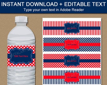 Red and Navy Water Bottle Label Template, Red and Blue Party Decorations, Birthday Water Bottle Label Download, Water Bottle Stickers B3