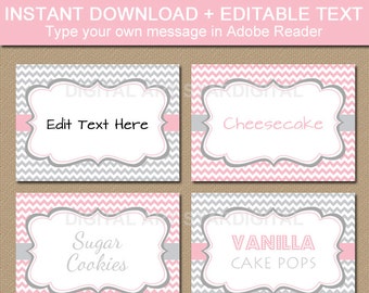 Printable Pink and Grey Candy Buffet Labels - Baby Shower Food Labels - EDITABLE Pink and Gray Chevron Candy Station Labels - Tent Cards BB1