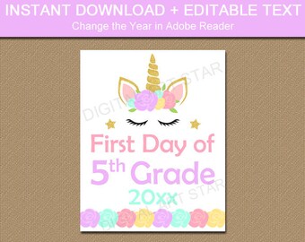 First Day of School Sign Unicorn, First Day of 5th Grade Sign Instant Download, Back to School Printable Sign, Unicorn First Day School U4