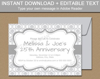 Silver Invitations Instant Download - 25th Anniversary Invitations, Printable Elegant Silver Wedding Invitations, Damask Invitation Template