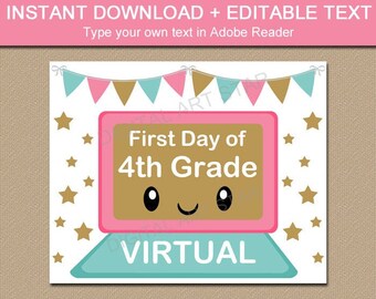 Virtual First Day of School Sign Editable - Virtual Fourth Grade Sign Printable - First Day of 4th Grade Distance Learning Sign Download S4