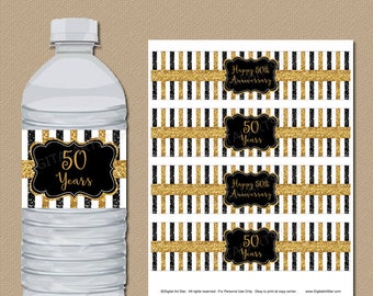 50th Anniversary Water Bottle Labels Instant Download, Golden Anniversary Party Decorations, Printable Black and Gold Party Supplies B4