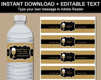 Black and Gold First Communion Party Decorations, Water Bottle Labels DIGITAL DOWNLOAD, 1st Communion Water Bottle Sticker Printable