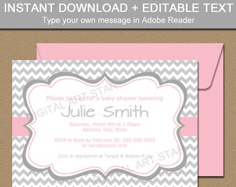 Baby Shower Invitation Template for Baby Girl - Pink and Gray Chevron Baby Shower Invitation Printable EDITABLE Bridal Shower Invites BB1