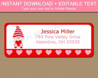 Valentine Address Labels - Gnome Valentine Sticker Template - Valentines Day Return Address Labels Printable - Editable Address Labels