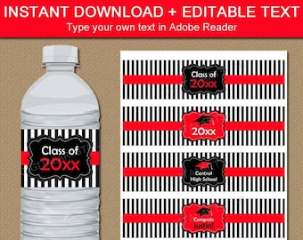 Red and Black Graduation Decorations - Black White and Red Graduation Water Bottle Label Template - Downloadable Graduation Party Decor G4