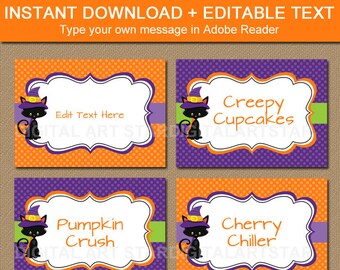 Halloween Printable Labels, Food Labels, Food Tents, Place Cards, Tent Cards, Editable Label Template, Candy Buffet Labels Instant Download