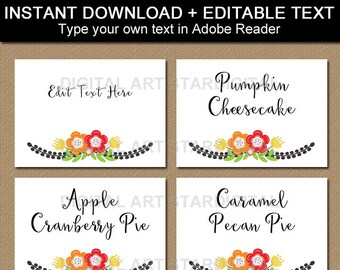 Thanksgiving Place Cards - Thanksgiving Food Labels - Food Tent Cards - Fall Place Cards - Black and White Labels - Editable Buffet Labels