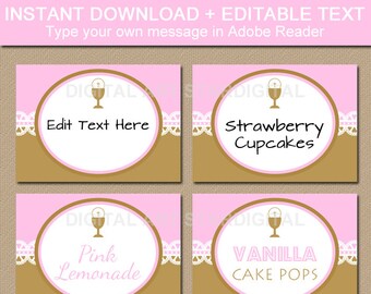 Pink Gold First Communion Party Decorations - Printable First Communion Labels - Candy Buffet Labels EDITABLE TEXT - Tent Cards - INSTANT