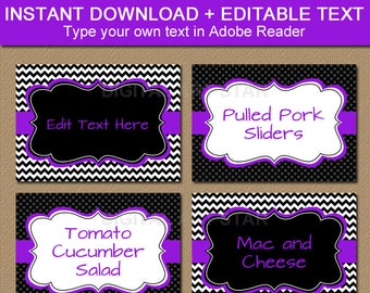 Black and Purple Food Labels Template - Editable Place Cards Tent - Candy Buffet Labels - Birthday Labels Stickers - Tented Food Cards B1