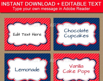 Printable Buffet Cards EDITABLE Tent Cards Fancy Labels, DIY Food Labels,  Birthday Labels, Baby Shower Labels, Red and Navy Buffet Labels B2