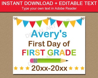 1st Day of School Sign Reusable - First Day of First Grade Sign Editable - First Day of 1st Grade Sign - Personalized Back to School Sign S2