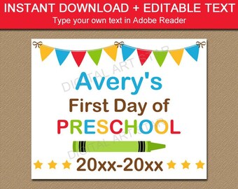 My First Day of Preschool Sign - First and Last Day of Preschool Printable Signs - Editable First Day of School Sign Photo Prop S2