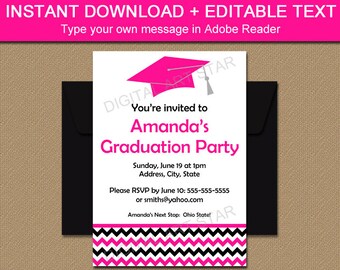 Hot Pink and Black Graduation Invitations - Printable Girl Graduation Announcement Template EDITABLE Chevron Graduation Party Invitations G3